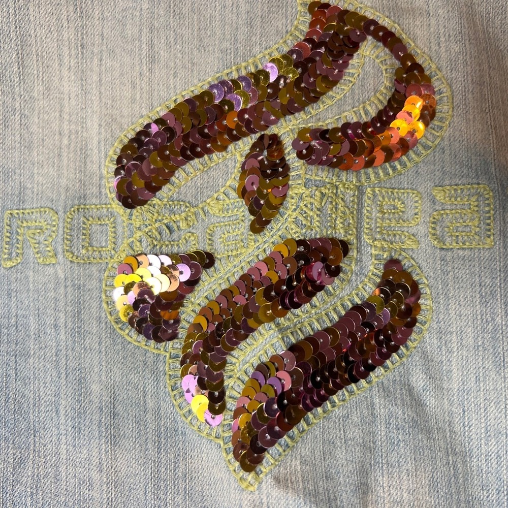 RocaWear Denim Jacket Kids Large 70s Wash Sequin Logo Cropped 3/4 Sleeve - Picture 7 of 7